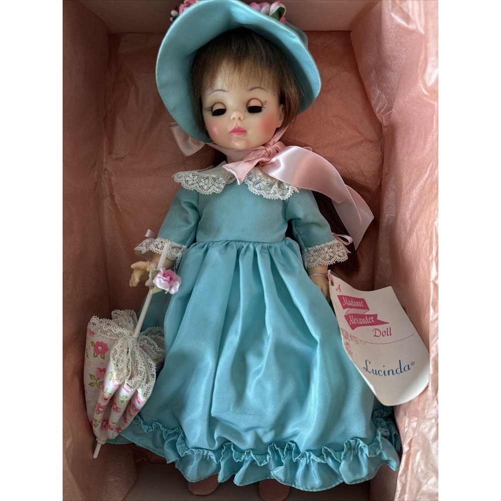 VINTAGE 1973 MADAME ALEXANDER "LUCINDA" 14" Blue Dress Hat Parasol Box Red Hair